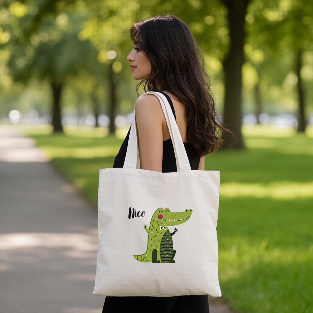 Cute Alligator Tote Bag, Personalized Name Canvas Shoulder Bag for Kids and Teens, Gift for Her
