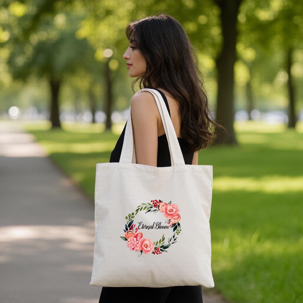 Floral Wreath Canvas Tote Bag, Personalized Name Carryall Purse for Women, Birthday Gift, Everyday Use