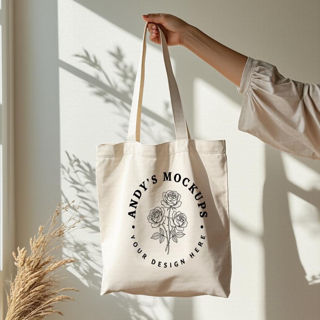 Canvas Tote Bag Mockup, White Shoulder Tote with Floral Logo Design, Product Photo Template for Shop Owners, Everyday Use
