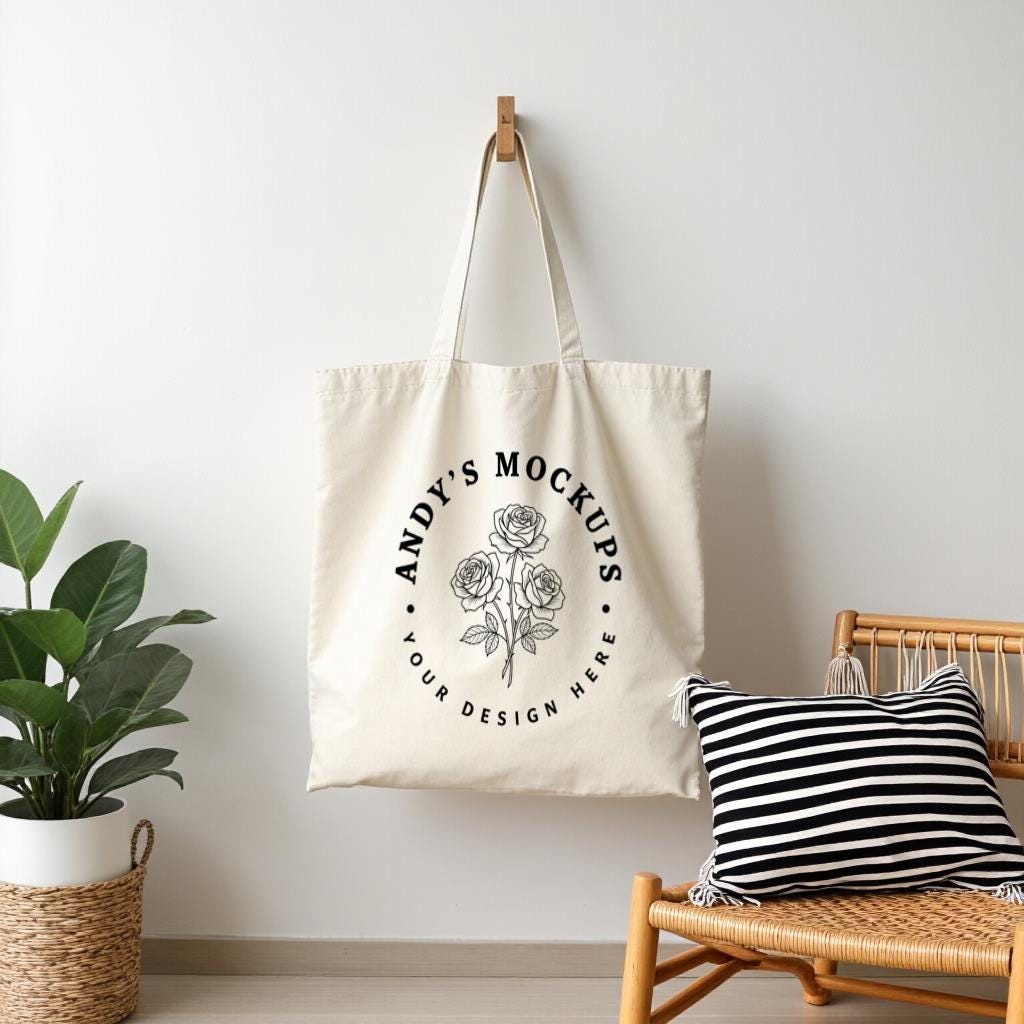 Canvas Tote Bag Mockup, White Shoulder Tote with Floral Logo Design, Product Photo Template for Shop Owners, Everyday Use