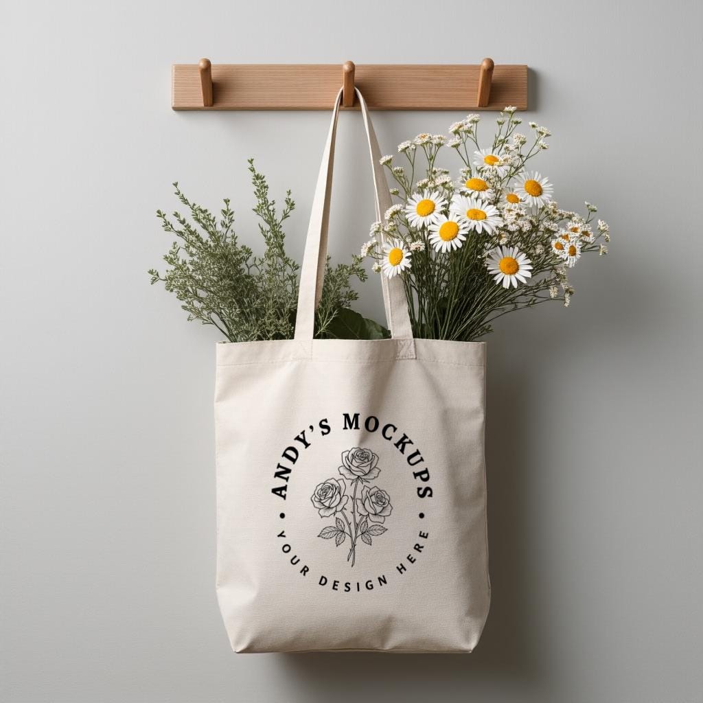 Canvas Tote Bag Mockup, White Shoulder Tote with Floral Logo Design, Product Photo Template for Shop Owners, Everyday Use