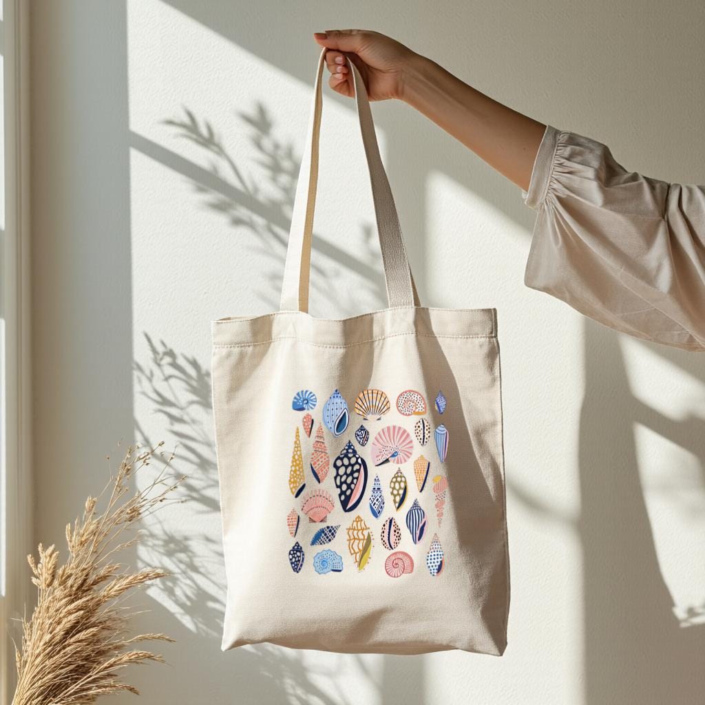 Canvas Tote Bag with Colorful Shell Print, Minimal Beach Shoulder Bag for Women, Gift for Beach Lovers