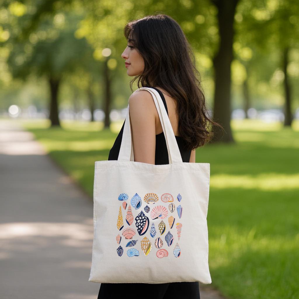 Canvas Tote Bag with Colorful Shell Print, Minimal Beach Shoulder Bag for Women, Gift for Beach Lovers