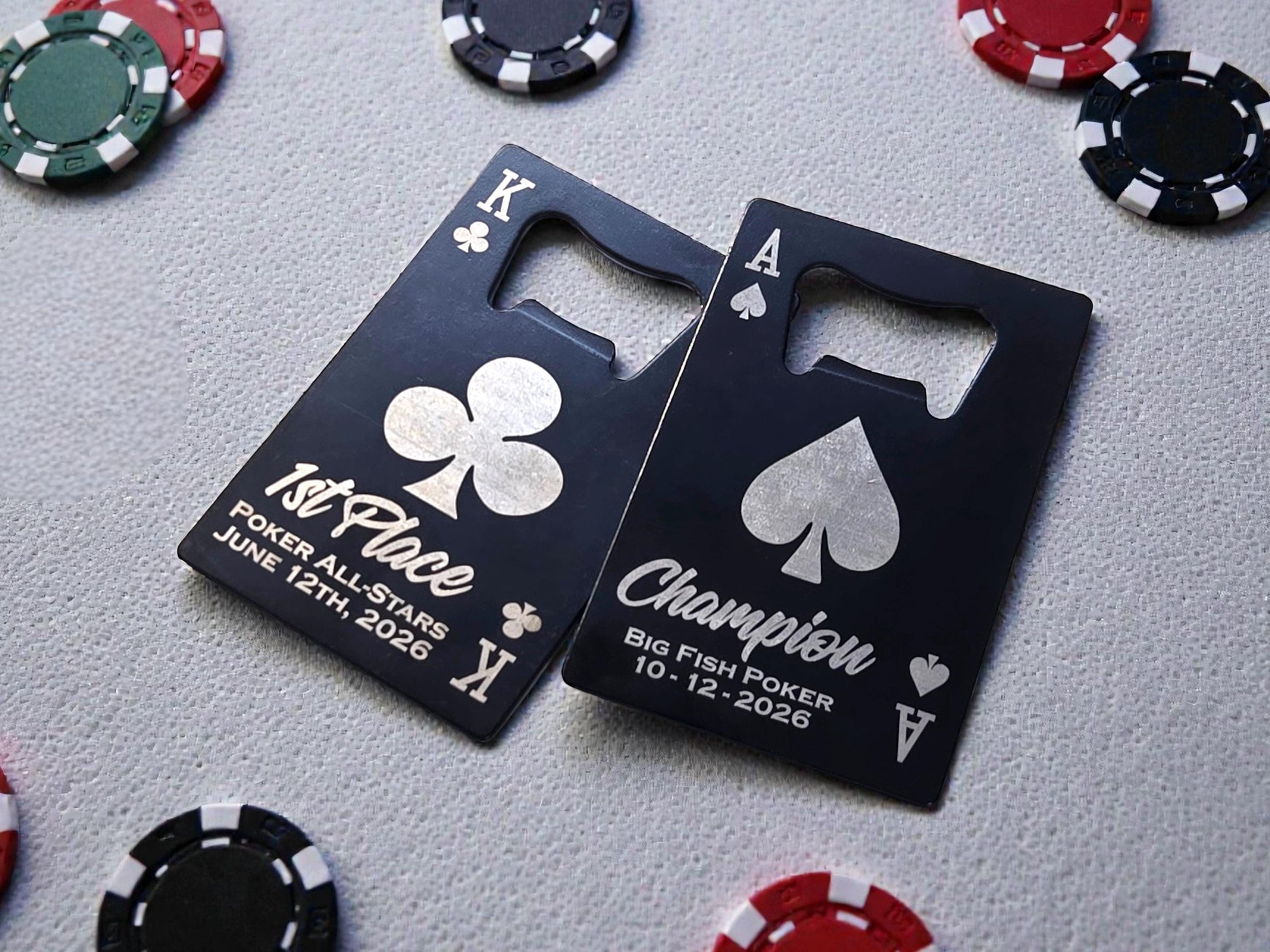 Magnetic Poker Bottle Opener, Playing Card Magnet Beer Openers, Poker Tournament Custom Engraved Prizes