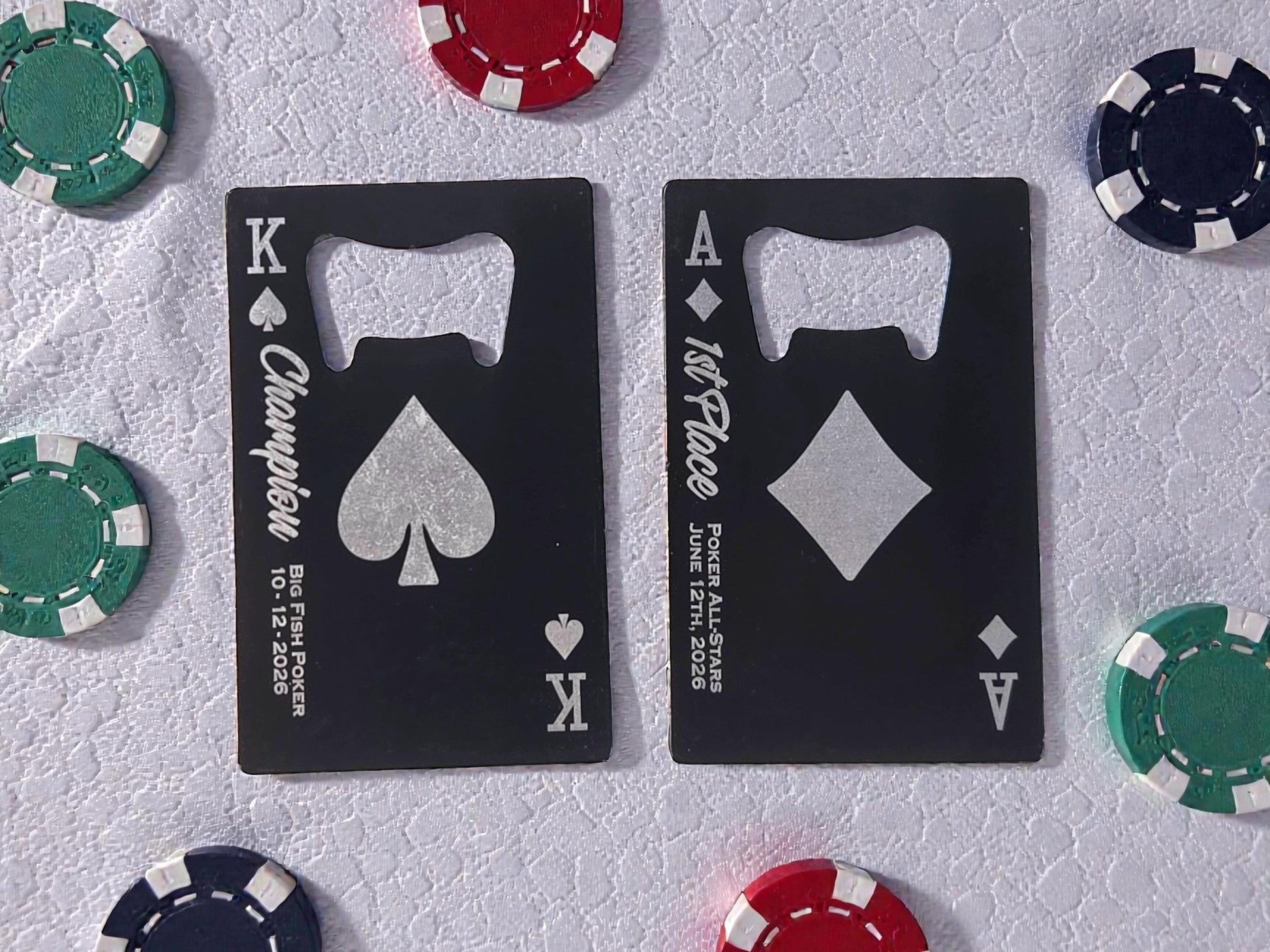 Magnetic Poker Bottle Opener, Playing Card Magnet Beer Openers, Poker Tournament Personalized Engraved Prizes