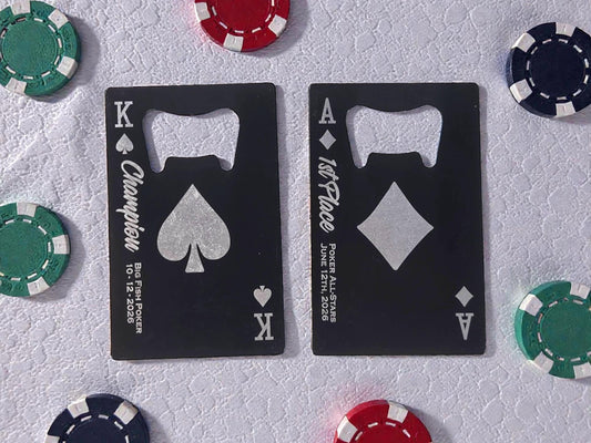 Magnetic Poker Bottle Opener, Playing Card Magnet Beer Openers, Poker Tournament Personalized Engraved Prizes