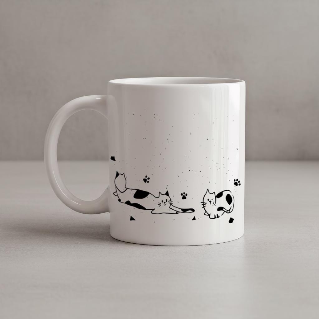 Minimalist Cat Illustration Mug, Black and White Kitty Line Art Coffee Cup, Gift for Cat Lovers and Pet Moms