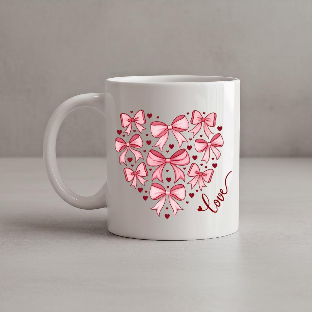 Pink Bow Heart Mug, Cute Coquette Ribbon Love Coffee Cup for Her, Sweet Romantic Gift for Girlfriend