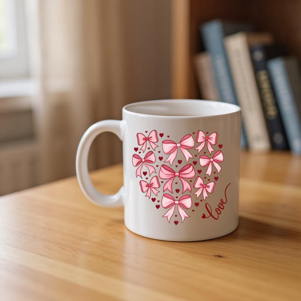 Pink Bow Heart Mug, Cute Coquette Ribbon Love Coffee Cup for Her, Sweet Romantic Gift for Girlfriend