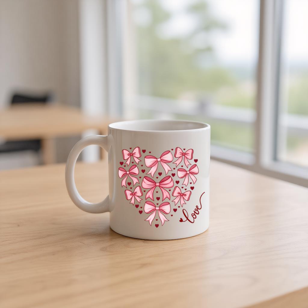Pink Bow Heart Mug, Cute Coquette Ribbon Love Coffee Cup for Her, Sweet Romantic Gift for Girlfriend