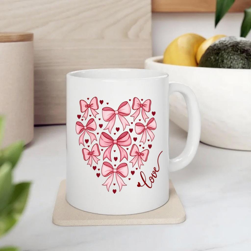 Pink Bow Heart Mug, Cute Coquette Ribbon Love Coffee Cup for Her, Sweet Romantic Gift for Girlfriend