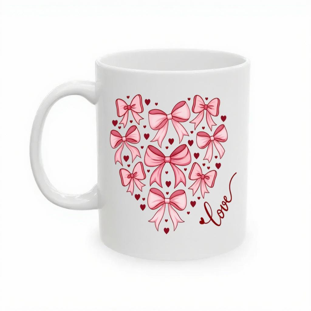 Pink Bow Heart Mug, Cute Coquette Ribbon Love Coffee Cup for Her, Sweet Romantic Gift for Girlfriend