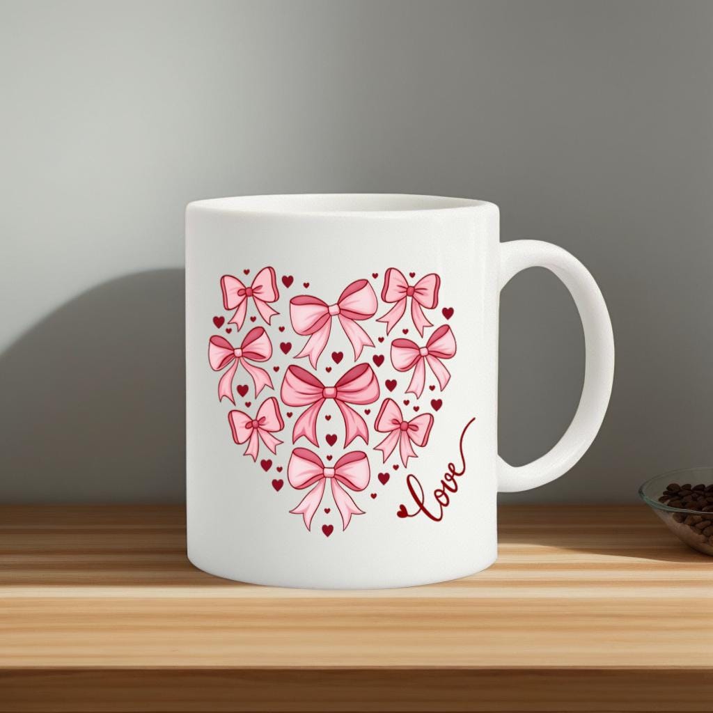 Pink Bow Heart Mug, Cute Coquette Ribbon Love Coffee Cup for Her, Sweet Romantic Gift for Girlfriend