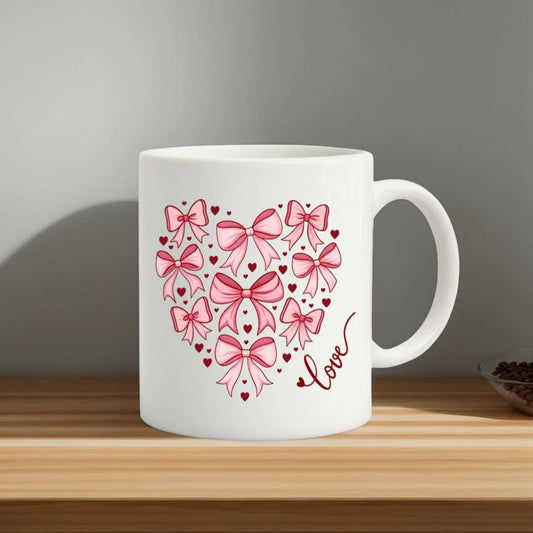 Pink Bow Heart Mug, Cute Coquette Ribbon Love Coffee Cup for Her, Sweet Romantic Gift for Girlfriend