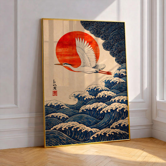 Japanese Crane Wall Art, Great Wave Ukiyo-e Poster, Red Heron Print, Zen Oriental Decor, Vintage Japanese Woodblock Print, Minimalist Gift