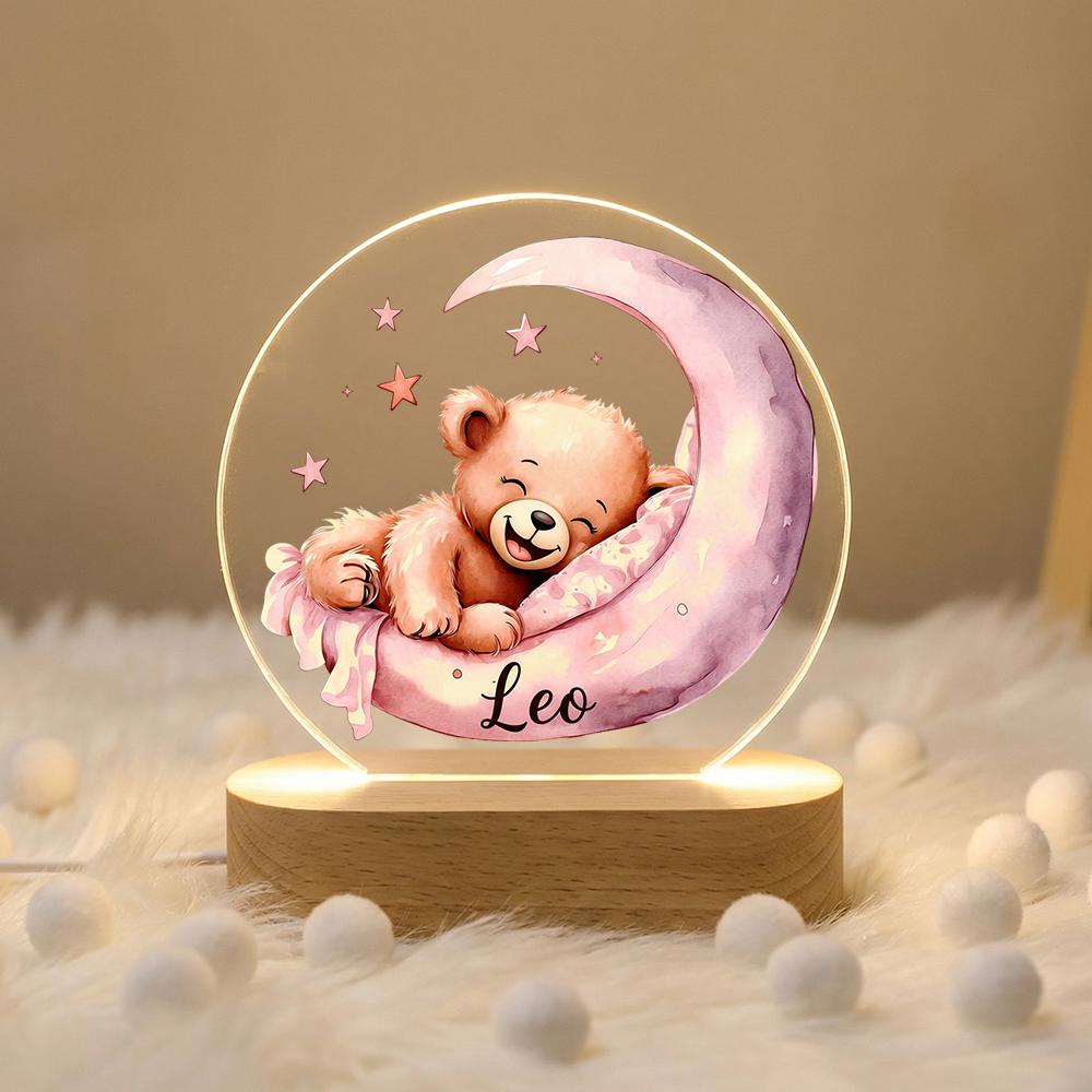 Acrylic LED night light with teddy bear on crescent moon, personalized name nursery lamp, baby room decor, newborn shower gift