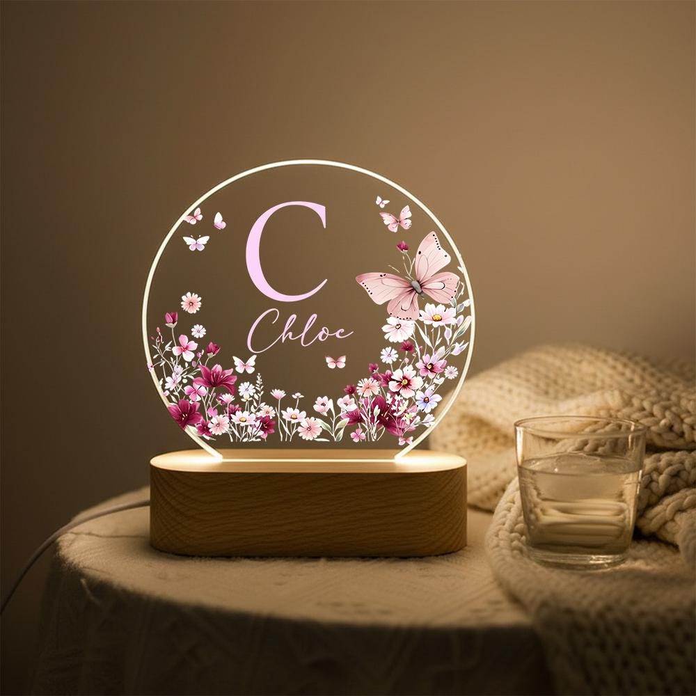 Acrylic LED night light with butterfly floral monogram, personalized name bedside lamp, nursery room decor, custom initial plaque gift