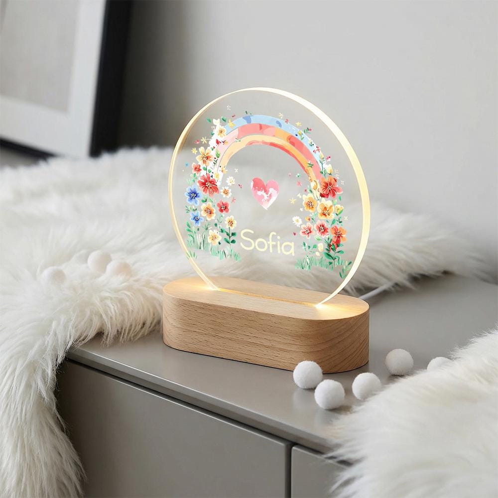 Personalized acrylic night light with name, rainbow floral wreath, heart design, LED lamp on wood base, nursery room decor, baby shower gift