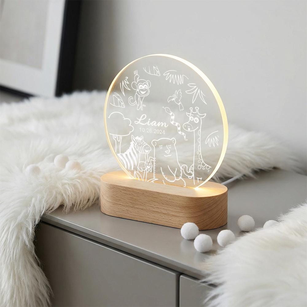 Personalized safari animal night light with name & date, acrylic LED lamp for nursery decor, baby shower gift, kids room bedtime light