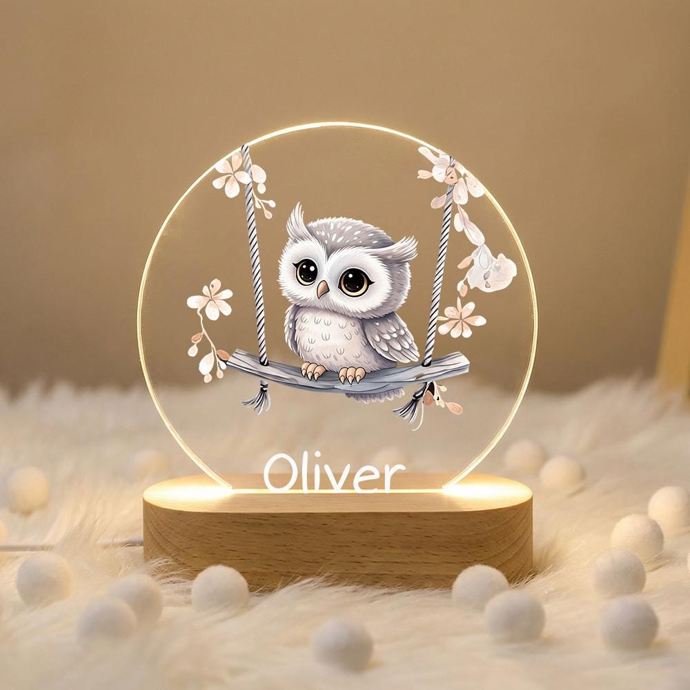 Personalized Owl Night Light Acrylic Lamp with Name, Wooden Base Nursery Decor, Baby Shower Gift, Kids Bedroom Bedside LED