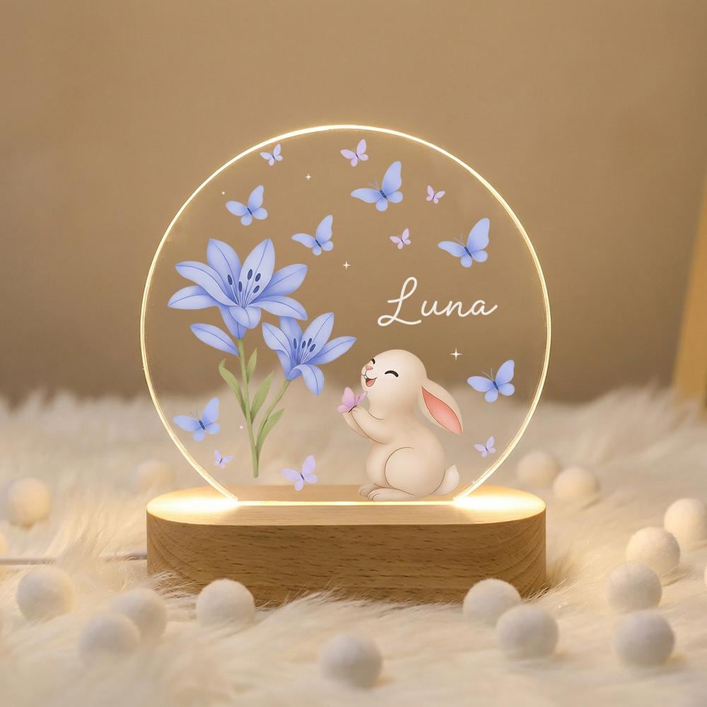 Personalized LED Night Light Acrylic Plaque, Bunny & Blue Butterflies Name Sign, Wooden Base Nursery Lamp, Baby Shower Gift