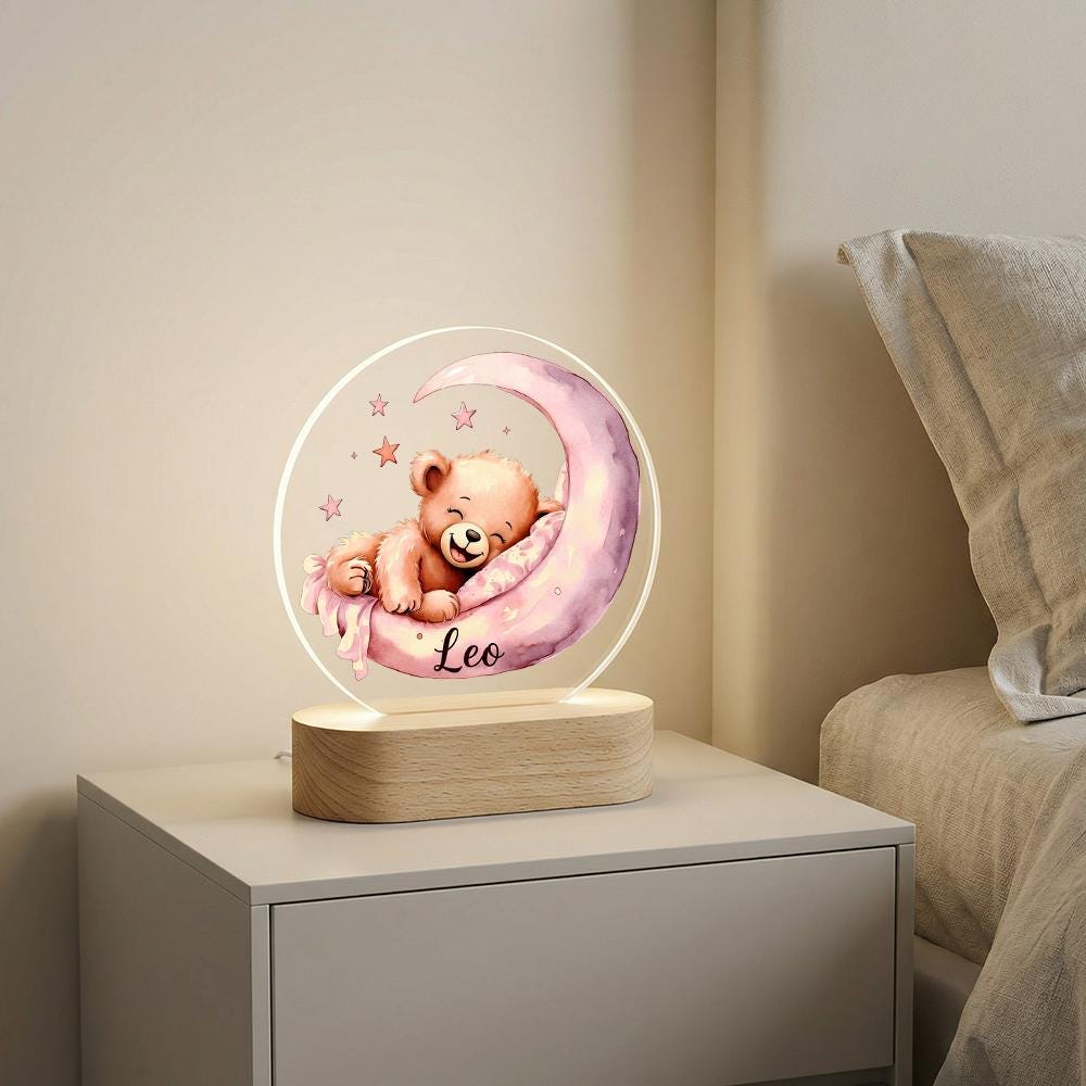 Acrylic LED night light with teddy bear on crescent moon, personalized name nursery lamp, baby room decor, newborn shower gift