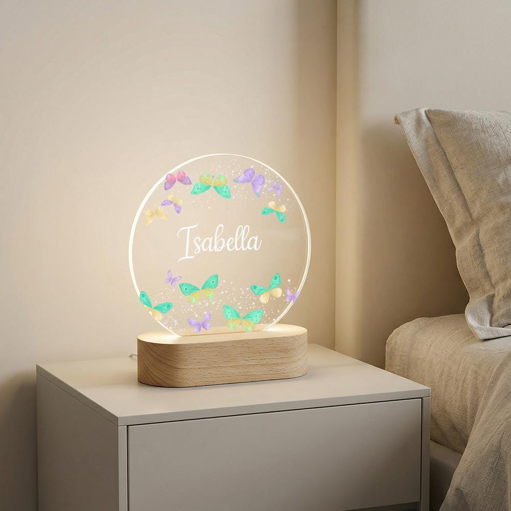 Personalized butterfly acrylic night light with name, LED lamp on wooden base, nursery bedside decor, custom kids room gift