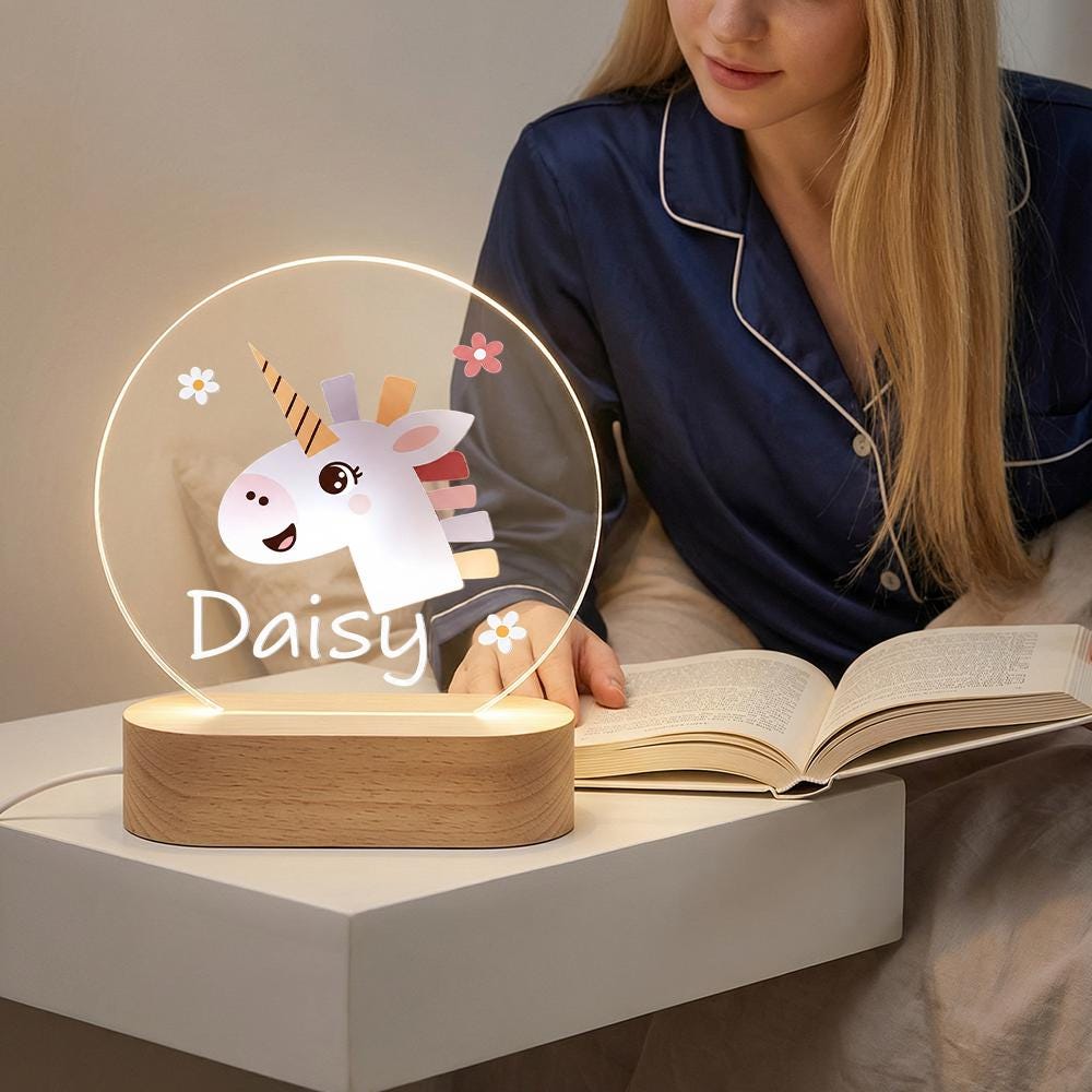 Personalized Unicorn Night Light Acrylic Plaque, Custom Name LED Lamp for Kids Nursery Decor, Baby Shower Gift, Rainbow Cute Animal Bedroom