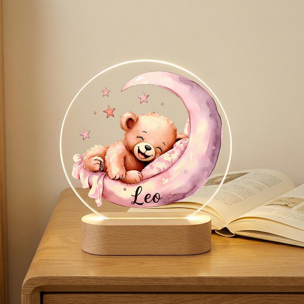 Acrylic LED night light with teddy bear on crescent moon, personalized name nursery lamp, baby room decor, newborn shower gift