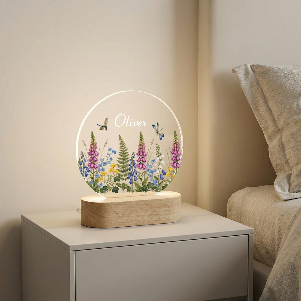 Personalized acrylic night light with name, wildflower & dragonfly botanical design, LED lamp on wooden base, nursery decor