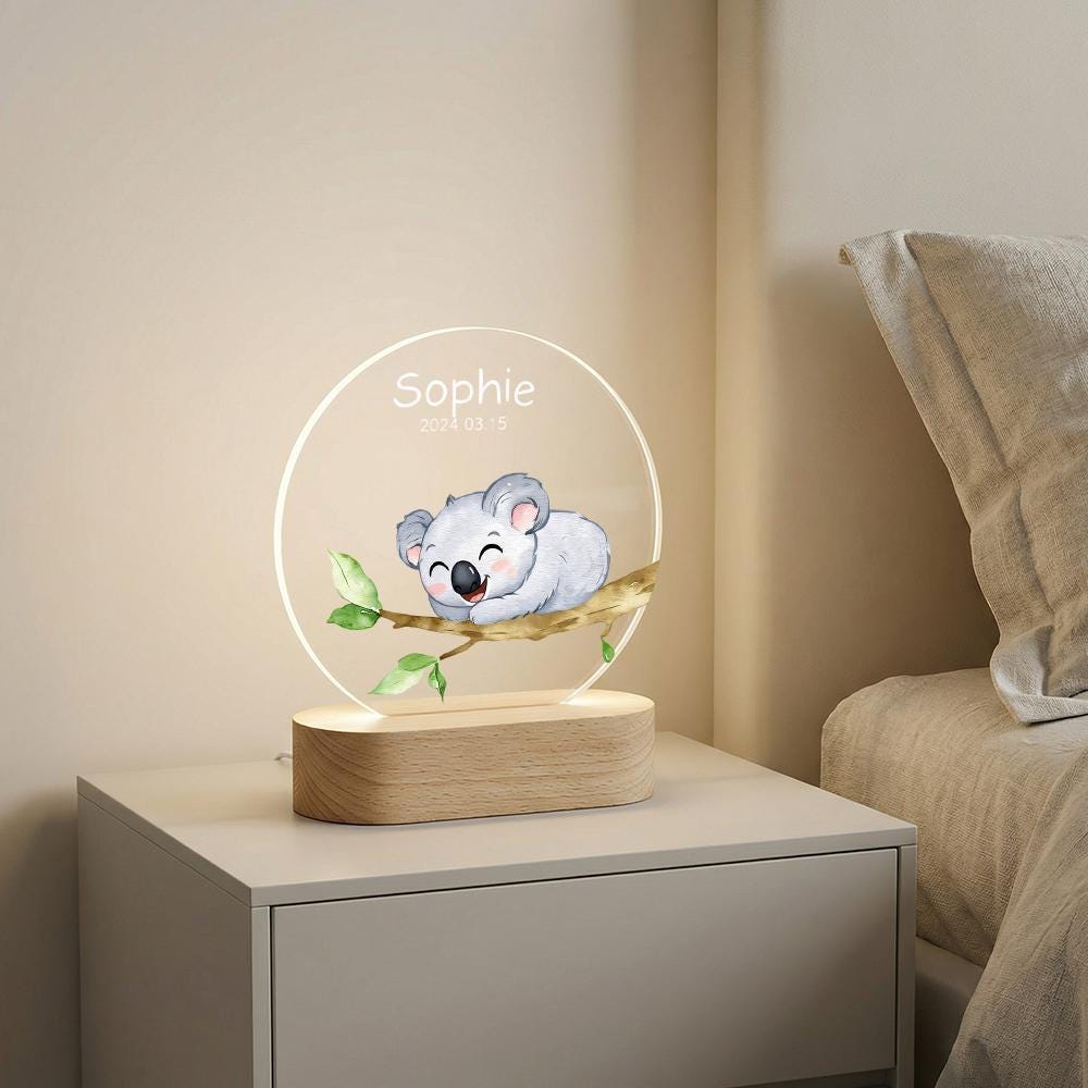 Personalized koala night light acrylic plaque, name date nursery decor, LED wooden base lamp for baby room