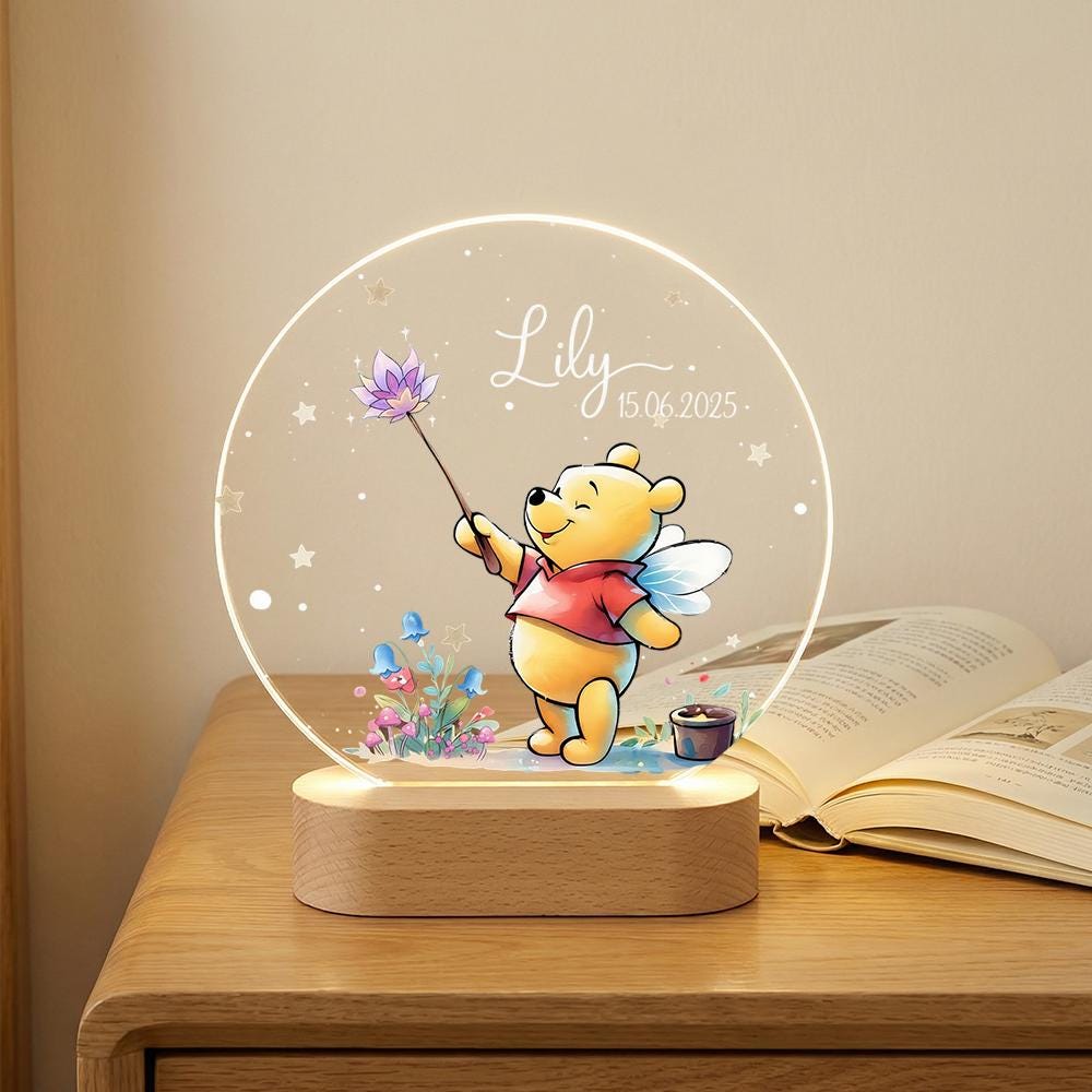 Personalized acrylic night light with wooden base, Winnie the Pooh fairy design, name & date custom, nursery bedside lamp, baby shower decor