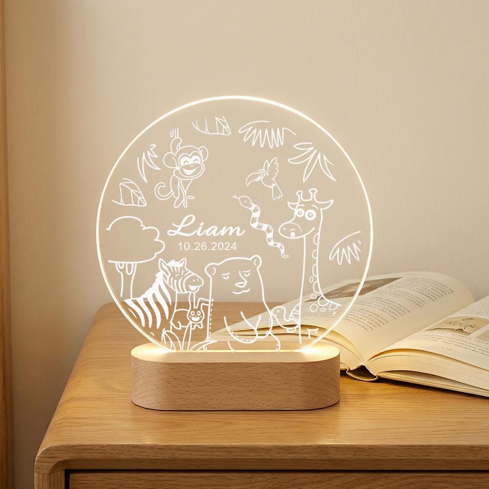 Personalized safari animal night light with name & date, acrylic LED lamp for nursery decor, baby shower gift, kids room bedtime light