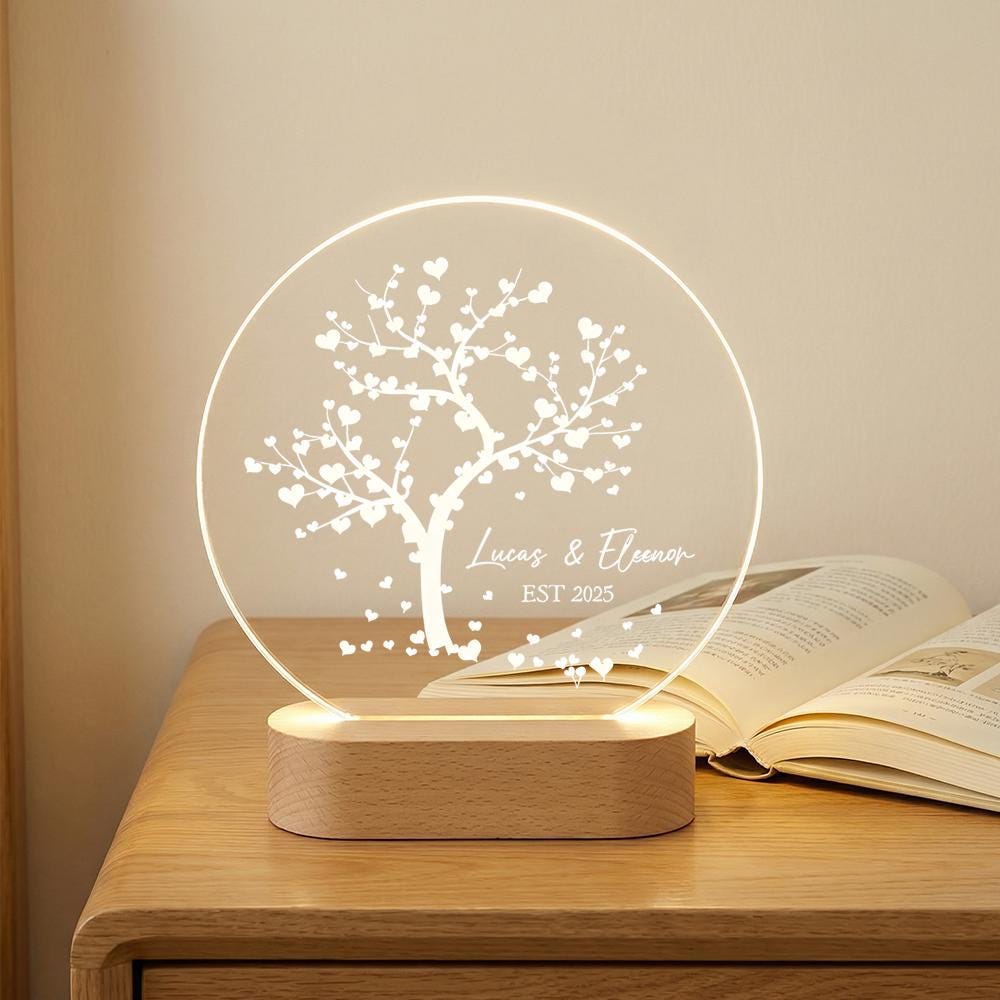 Acrylic LED Night Light with Custom Names, Tree of Hearts Design, Anniversary Wedding Gift, Couple Keepsake, Personalized Room Decor