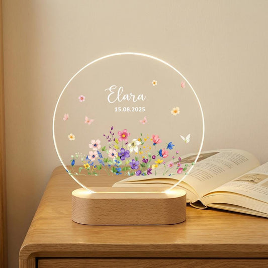 Personalized acrylic night light with wooden base, custom name date floral nursery lamp, LED bedside decor, baby shower keepsake gift