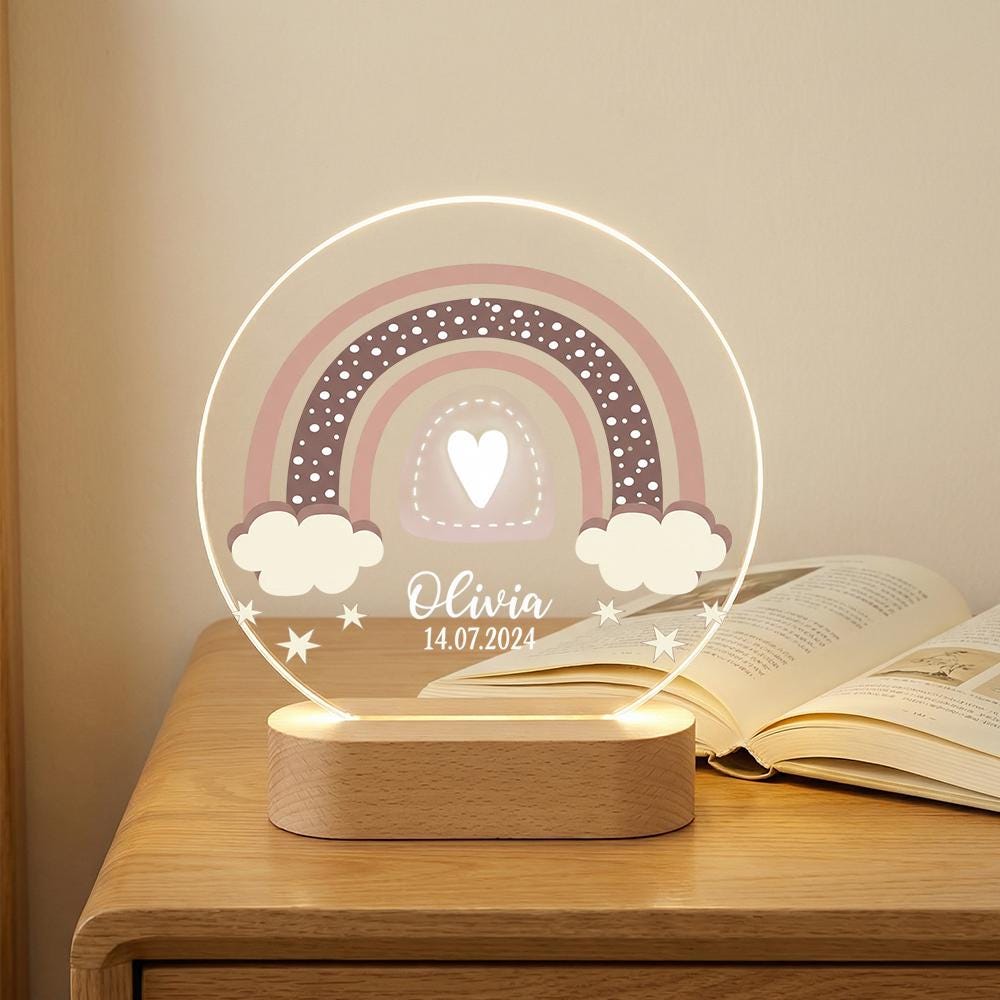 Personalized Rainbow Night Light Acrylic Plaque, Custom Name Date LED Lamp, Nursery Decor Keepsake, Baby Shower Gift, Kids Room Bedside Ligh