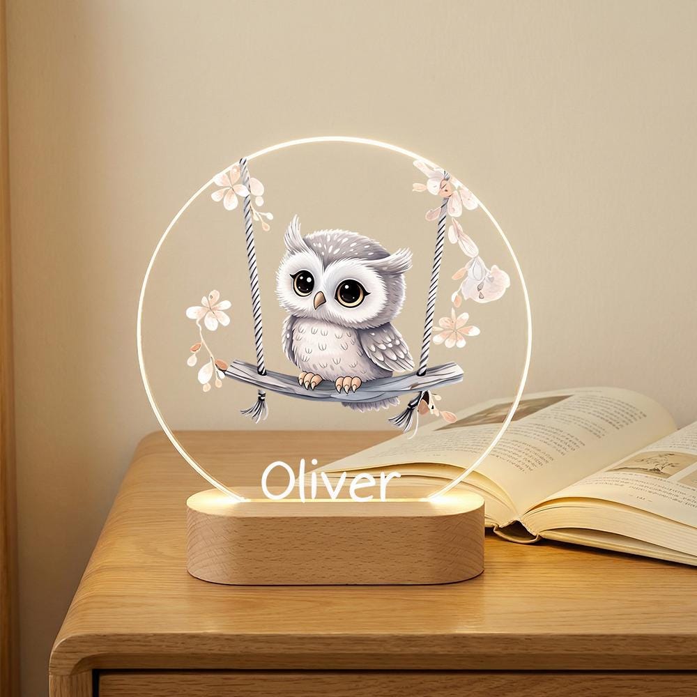 Personalized Owl Night Light Acrylic Lamp with Name, Wooden Base Nursery Decor, Baby Shower Gift, Kids Bedroom Bedside LED