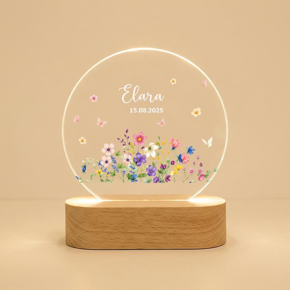 Personalized acrylic night light with wooden base, custom name date floral nursery lamp, LED bedside decor, baby shower keepsake gift
