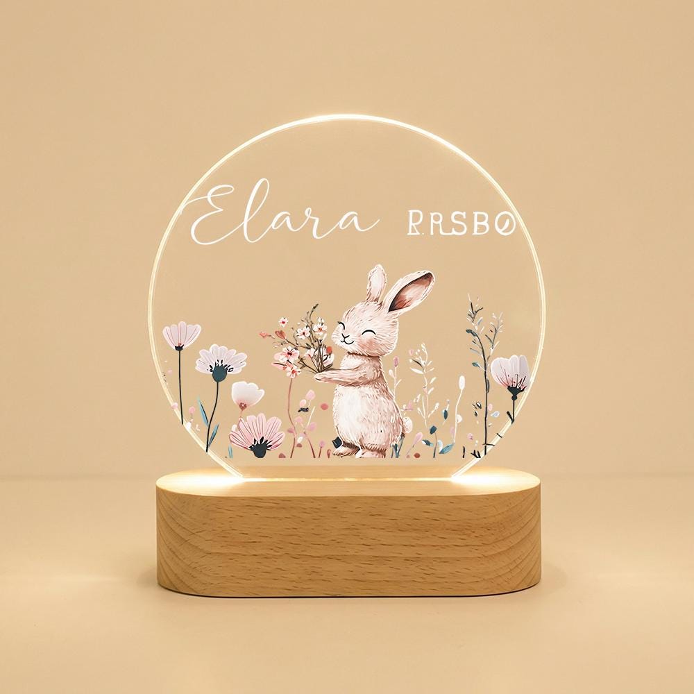 Personalized Acrylic Night Light with Wooden Base, Bunny & Wildflower Nursery Lamp, Custom Name LED Bedside Decor, Baby Shower Gift
