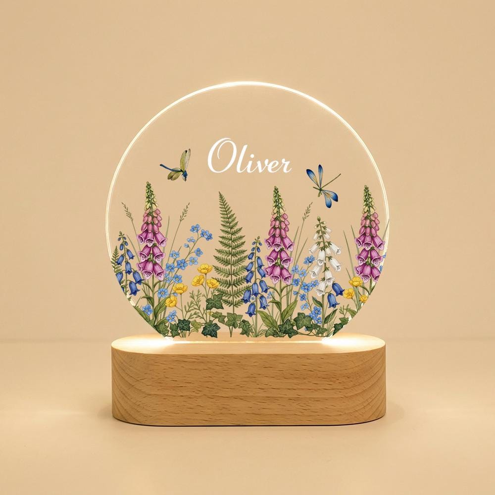 Personalized acrylic night light with name, wildflower & dragonfly botanical design, LED lamp on wooden base, nursery decor
