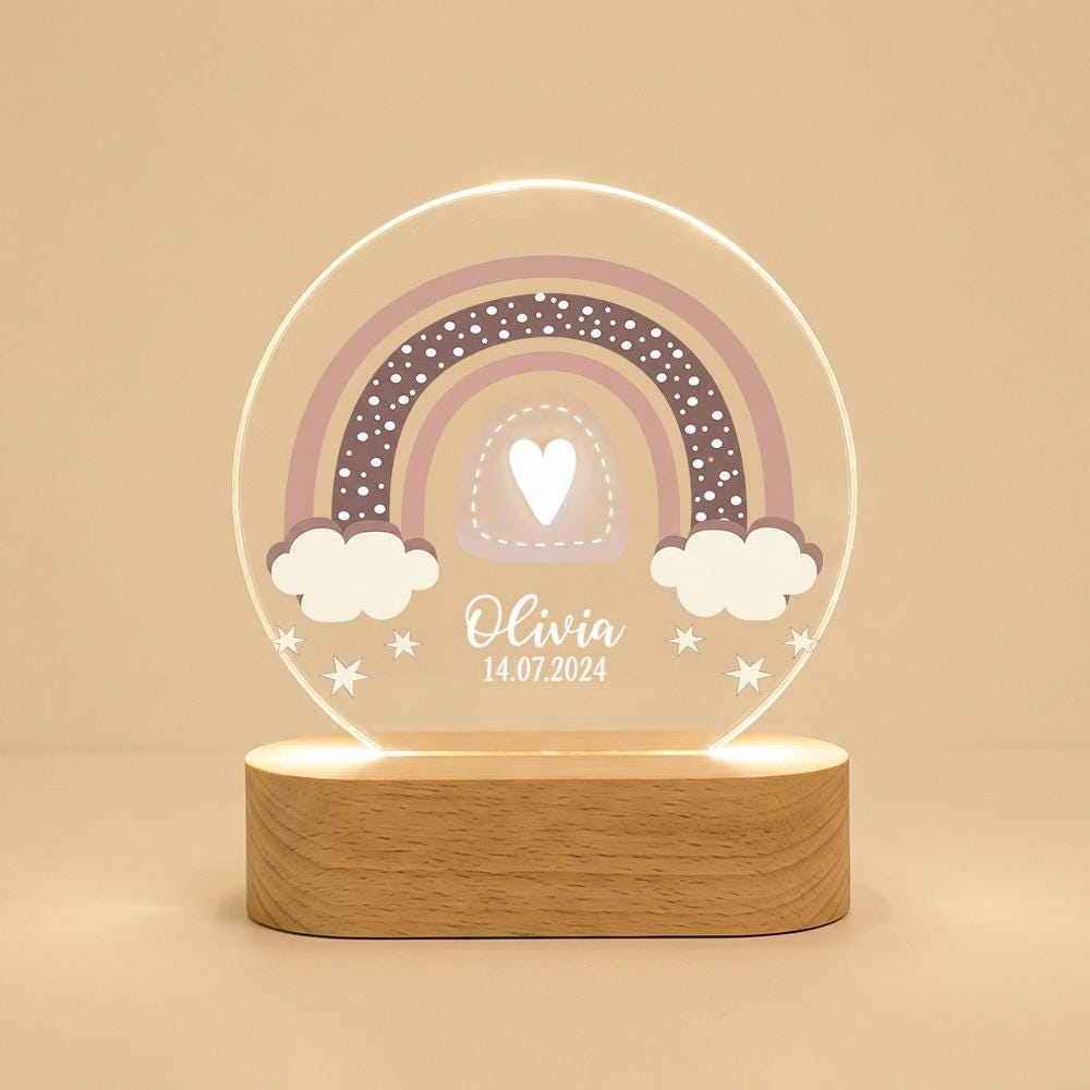 Personalized Rainbow Night Light Acrylic Plaque, Custom Name Date LED Lamp, Nursery Decor Keepsake, Baby Shower Gift, Kids Room Bedside Ligh