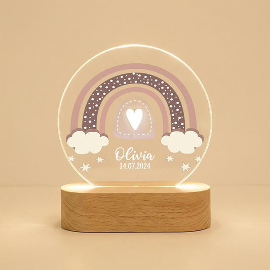 Personalized Rainbow Night Light Acrylic Plaque, Custom Name Date LED Lamp, Nursery Decor Keepsake, Baby Shower Gift, Kids Room Bedside Ligh