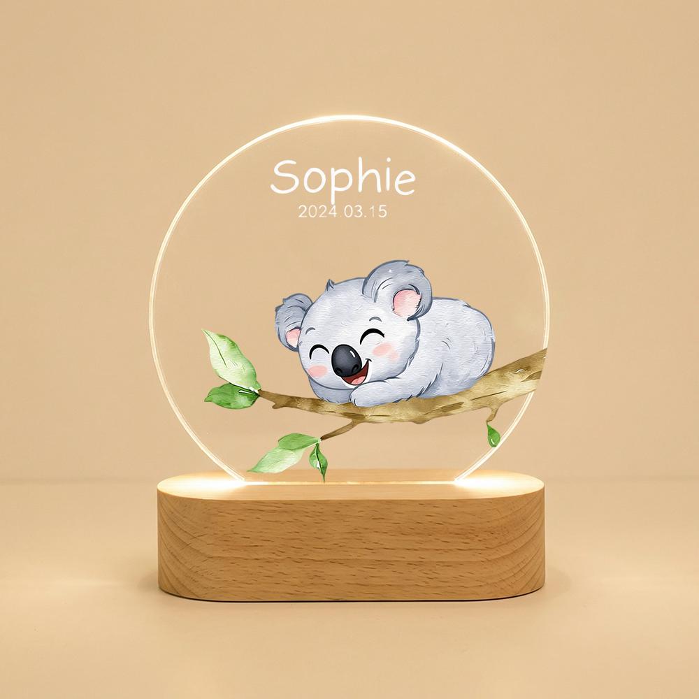 Personalized koala night light acrylic plaque, name date nursery decor, LED wooden base lamp for baby room