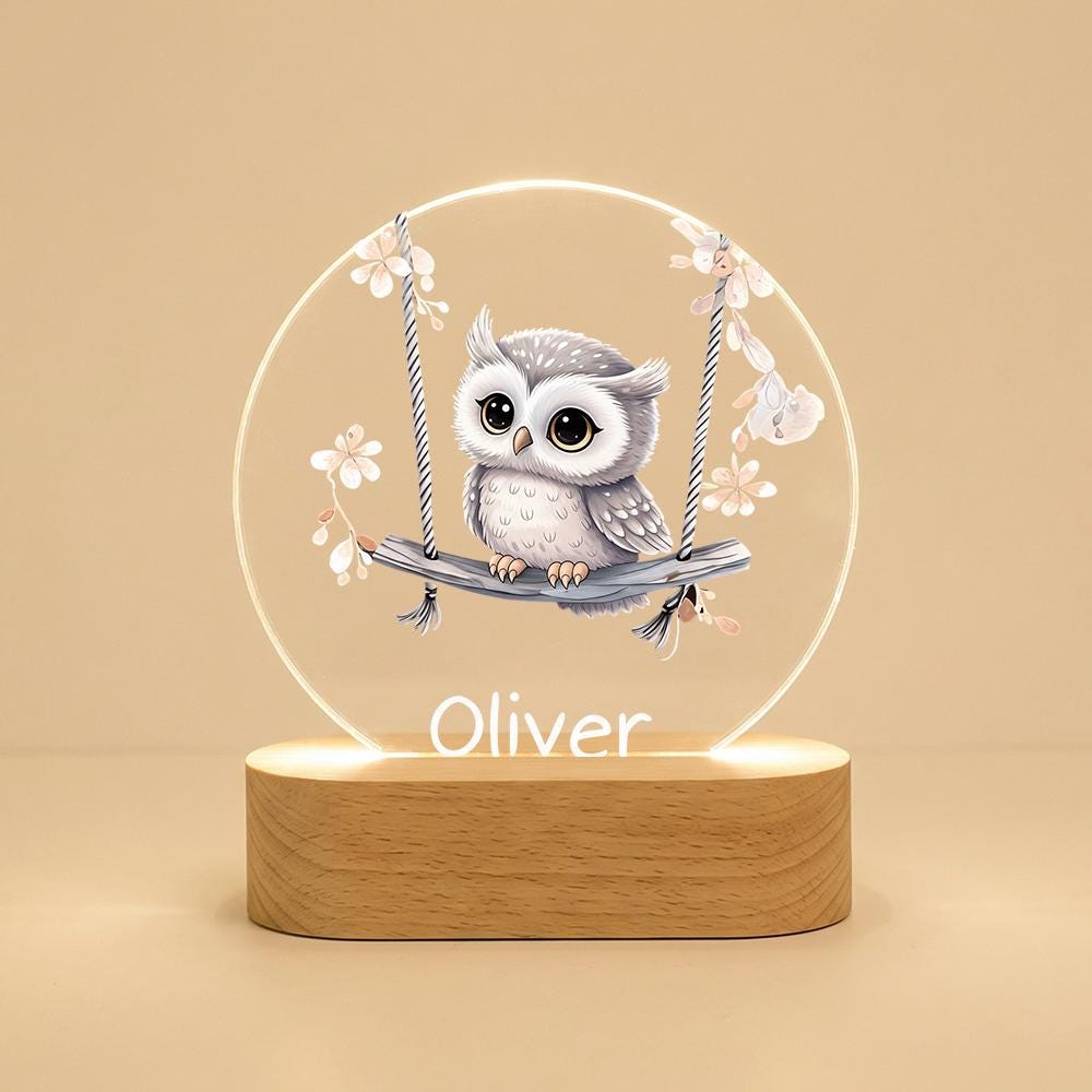 Personalized Owl Night Light Acrylic Lamp with Name, Wooden Base Nursery Decor, Baby Shower Gift, Kids Bedroom Bedside LED