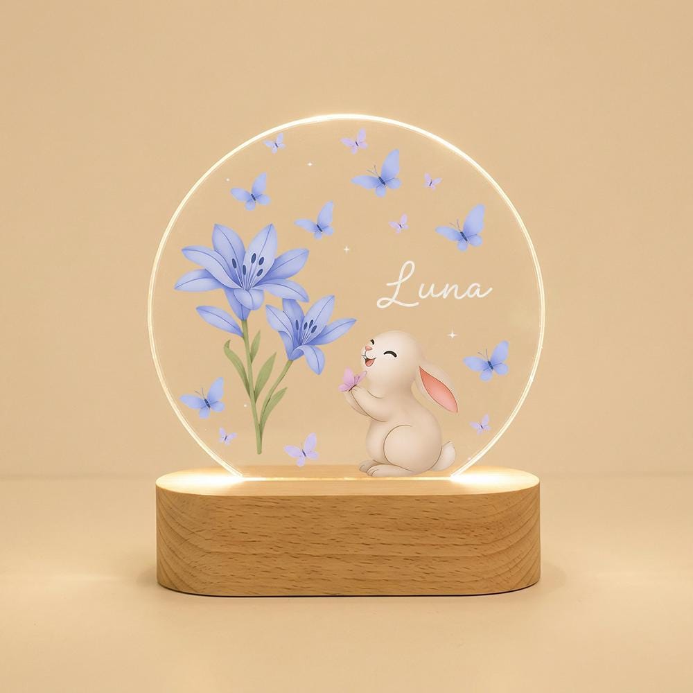 Personalized LED Night Light Acrylic Plaque, Bunny & Blue Butterflies Name Sign, Wooden Base Nursery Lamp, Baby Shower Gift