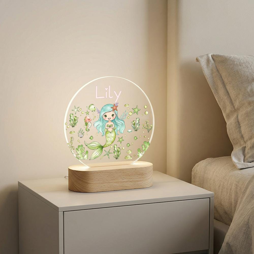 Acrylic LED night light with mermaid name sign, personalized nursery decor, kids bedside lamp, under the sea room accent, custom gift