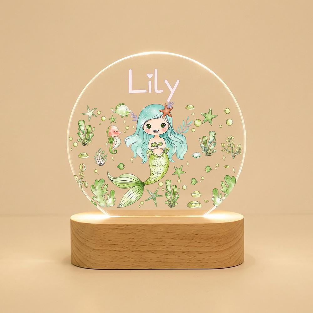 Acrylic LED night light with mermaid name sign, personalized nursery decor, kids bedside lamp, under the sea room accent, custom gift