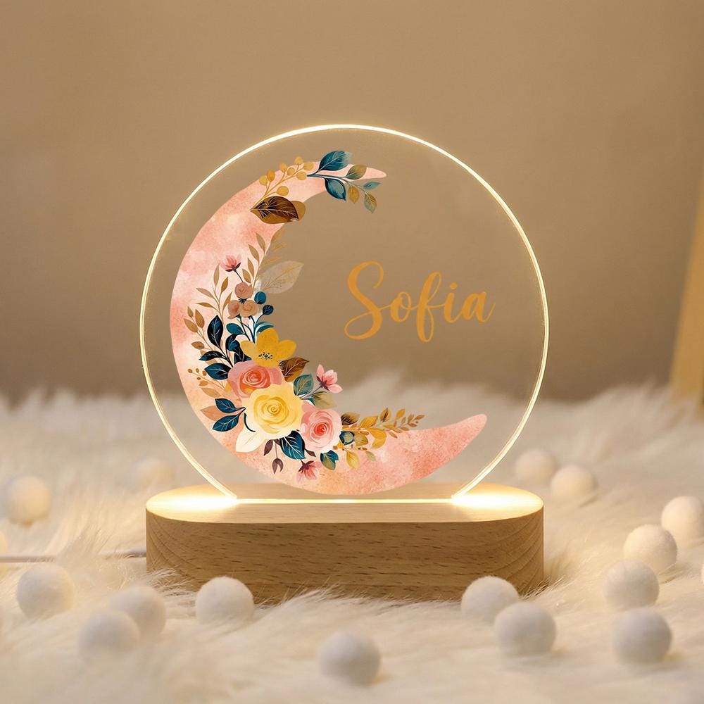 Personalized Acrylic Name Plaque with Floral Wreath, LED Light Base, Custom Nursery Decor, Baby Shower Gift, Kids Room Night Light Sign