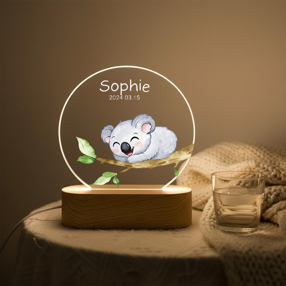 Personalized koala night light acrylic plaque, name date nursery decor, LED wooden base lamp for baby room