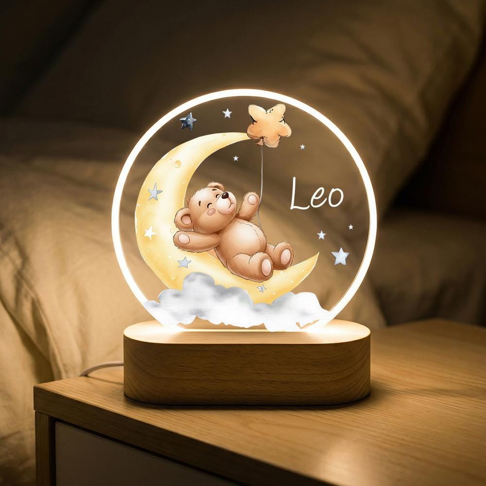 Acrylic LED Night Light, Teddy Bear on Moon, Personalized Baby Name, Nursery Decor, Kids Bedside Lamp, Wooden Base, Baby Shower Gift